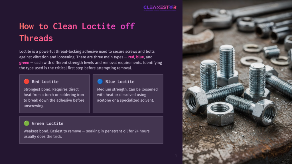 Close-Up Of Shiny Metal Bolts And Nuts On A Rustic Metal Surface, With A Blurred Background Of Tools. Text Overlay Reads &Quot;How To Clean Loctite Off Threads&Quot; And Describes Red, Blue, And Green Loctite Types.
