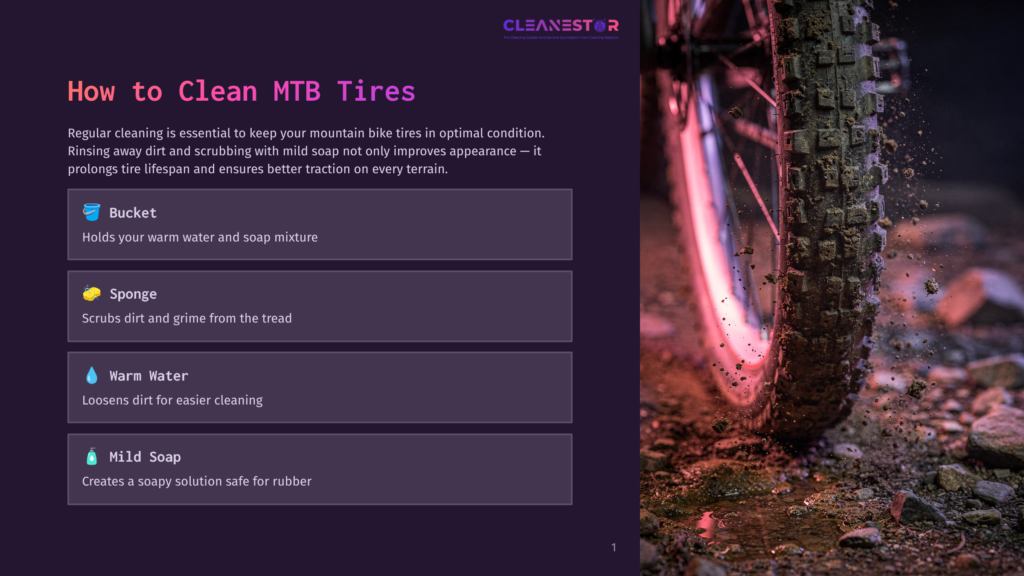 Close-Up Of A Muddy Mountain Bike Tire On A Wet, Rocky Trail, With Pink And Purple Light Reflecting Off The Tire And Ground. Text Overlay Reads: &Quot;Cleanestor - The Secret To Keeping Your Mountain Bike Tires In Optimal Condition.