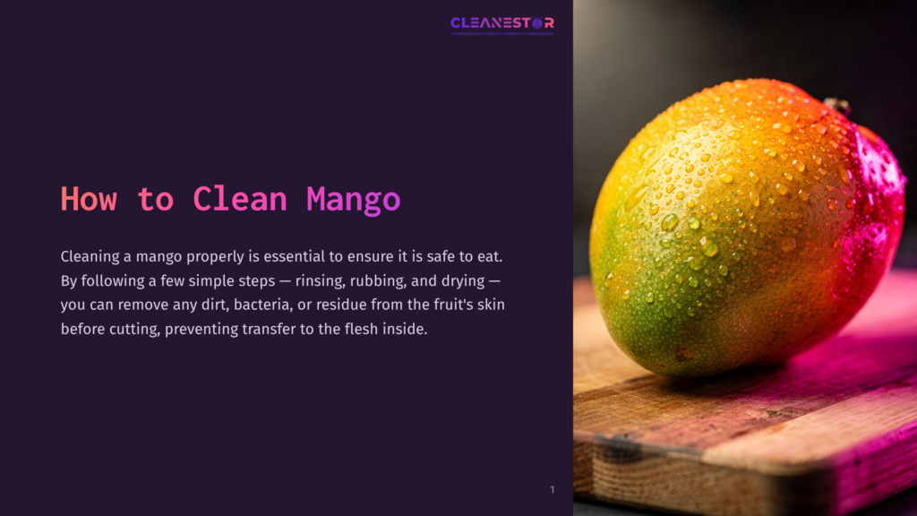 1 How To Clean Mango A Ripe, Juicy Mango Glistening With Water Droplets Rests On A Wooden Cutting Board, Illuminated By Vibrant Pink And Purple Light. The Text &Quot;How To Clean Mango&Quot; Is Visible On The Left.