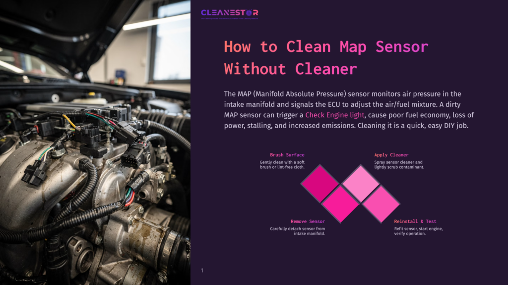 Close-Up Of A Car'S Engine Bay With A Map Sensor Highlighted, Illustrating Instructions On How To Clean A Map Sensor, With Text Overlay &Quot;How To Clean Map Sensor Without Cleaner&Quot;.