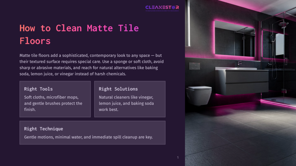 Modern Bathroom With Matte Black Tile Floors, A Sleek Toilet, And A Vanity With A Large Mirror Illuminated By Pink Led Lighting. The Text &Quot;How To Clean Matte Tile Floors&Quot; Is Overlaid.