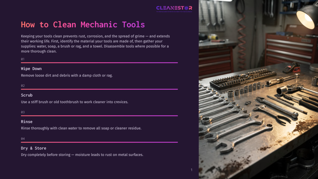 A Collection Of Mechanic Tools, Including Wrenches And Sockets, Are Neatly Arranged On A Workbench. The Image Is Part Of A Guide On How To Clean Mechanic Tools, Featuring Text Overlays With Cleaning Instructions.