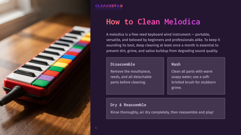A Colorful Melodica With Black And White Keys Rests On A Wooden Surface, With A Black Mouthpiece Visible. The Text &Quot;Cleanestor&Quot; And &Quot;How To Clean Melodica&Quot; Are Prominent.