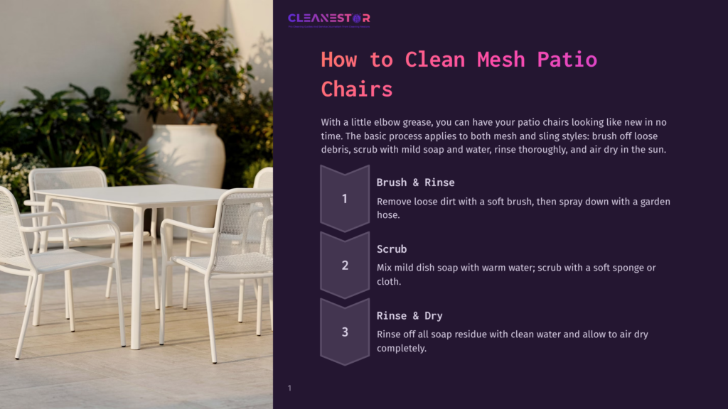 Cleanestor Guide On How To Clean Mesh Patio Chairs: A White Metal Patio Table And Four White Mesh Patio Chairs Sit On A Patio, Bathed In Sunlight.
