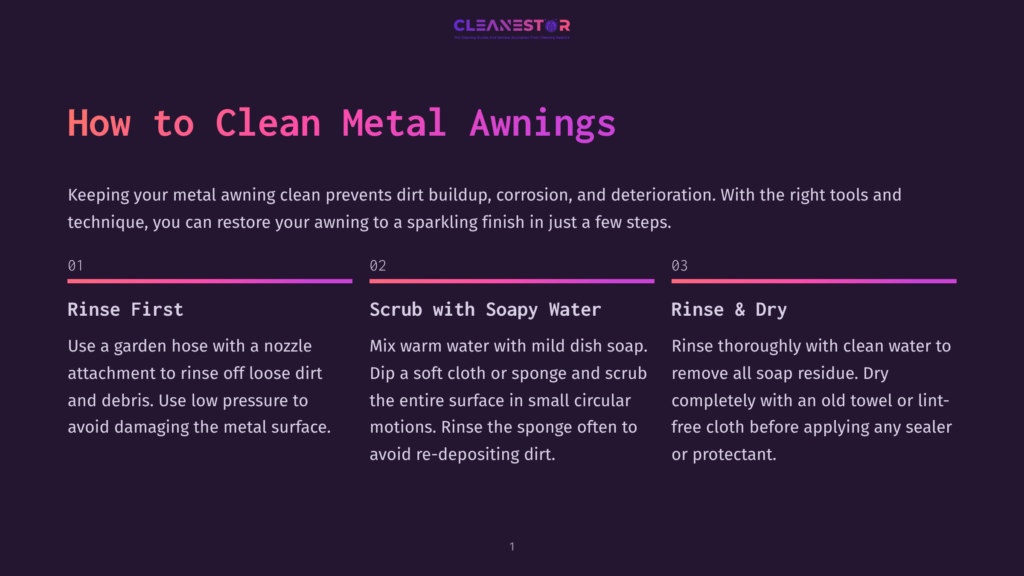 Infographic Titled &Quot;How To Clean Metal Awnings&Quot; With Steps: Rinse First, Scrub With Soapy Water, Rinse &Amp; Dry. The Clean Aesthetic Uses Purple And Pink Gradients.
