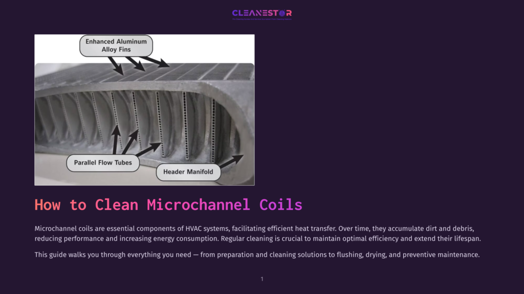 1 How To Clean Microchannel Coils Close-Up Of A Cleanestor Microchannel Coil, Showing Enhanced Aluminum Alloy Fins, Parallel Flow Tubes, And Header Manifold. Text Reads &Quot;Cleanestor Microchannel Coils.