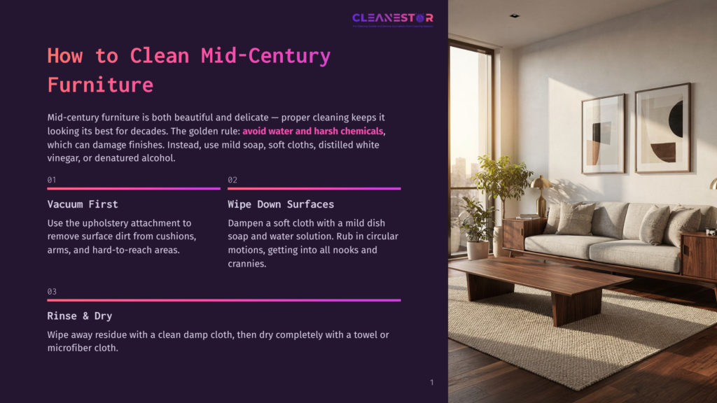 A Modern Living Room Featuring Mid-Century Furniture, Including A Low Wooden Credenza And A Plush Sofa, Bathed In Natural Light From A Large Window. The Text &Quot;Cleanestor&Quot; Is Visible.