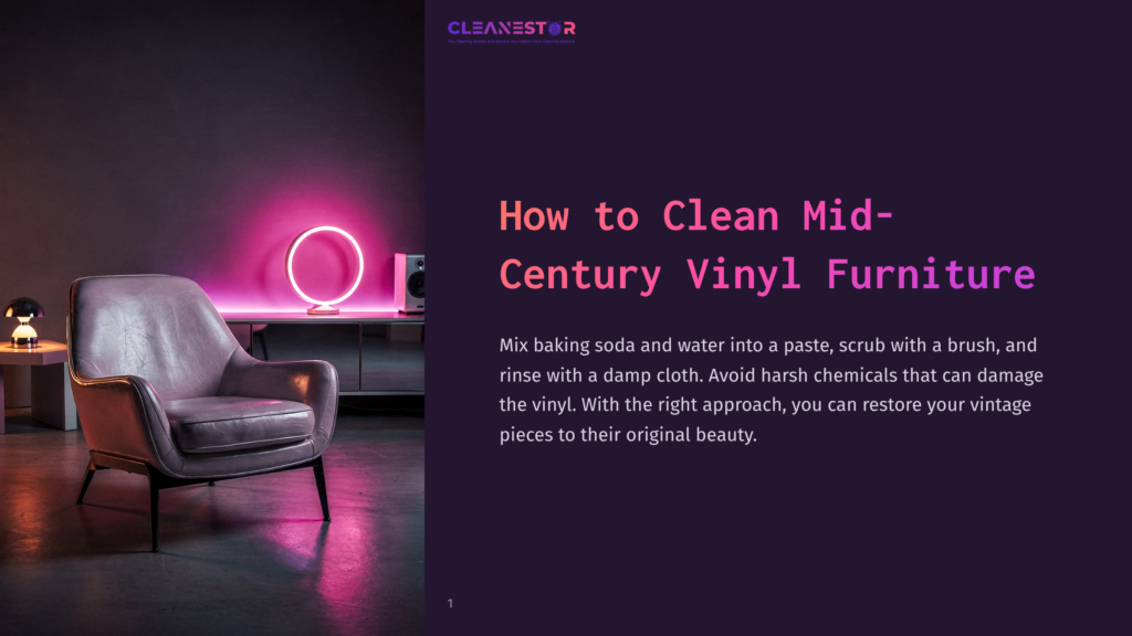 A Stylish Mid-Century Vinyl Armchair In A Muted Pink Hue Sits In A Dimly Lit Room, Illuminated By A Vibrant Pink Neon Ring Light. The Text &Quot;How To Clean Mid-Century Vinyl Furniture&Quot; Is Overlaid On The Right Side Of The Image.
