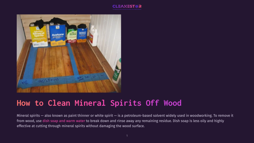 Wood Floor Planks With Blue Painter'S Tape And Various Cleaning Solvent Bottles, Including Odorless Mineral Spirits, Acetone, And Lacquer Thinner, Labeled For Cleaning Tests.