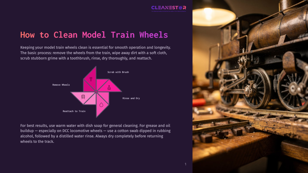 Close-Up Of A Vintage Model Train'S Intricate Metal Wheels Resting On A Wooden Track, With A Diagram Showing How To Clean Model Train Wheels Using A Toothbrush And Cleaning Solutions.