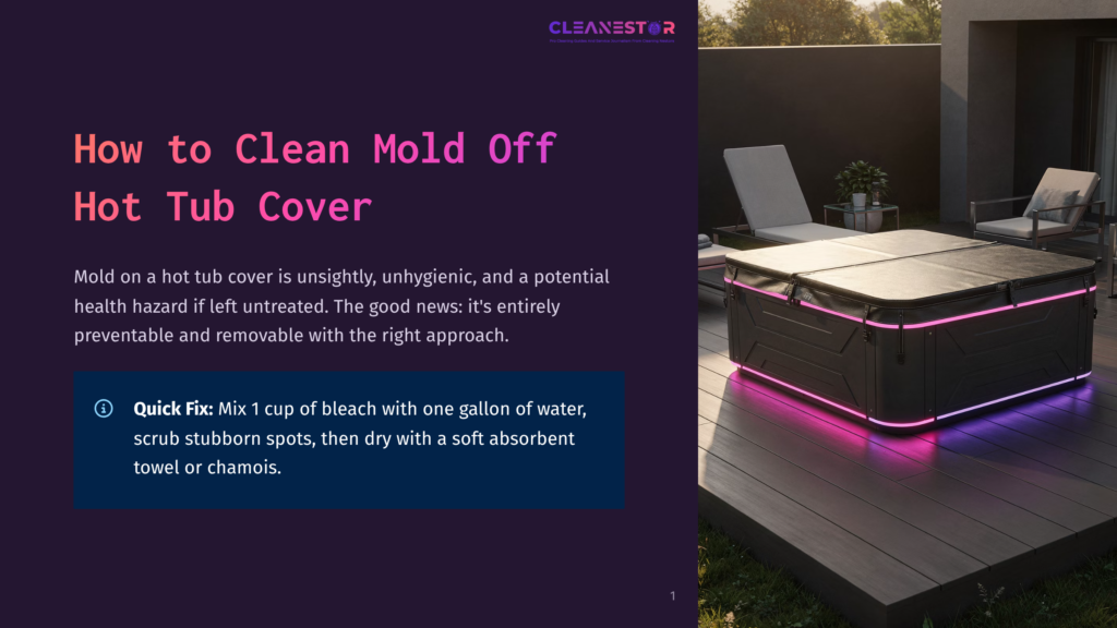 A Modern Hot Tub Cover Sits On A Wooden Deck At Dusk, Illuminated By Purple And Pink Led Lights. The Text &Quot;Cleanestor&Quot; Is Visible At The Top, And The Cover Has A Textured, Dark Gray Surface With Black Clasps.