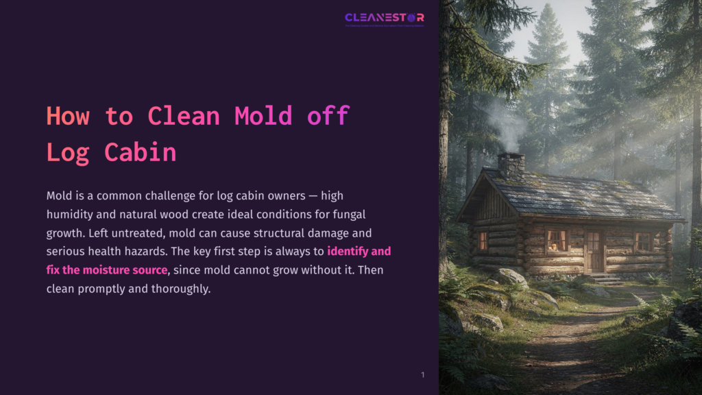 A Rustic Log Cabin With Smoke Billowing From Its Chimney Sits Nestled In A Sun-Dappled Forest Clearing, With A Wooden Sign That Reads &Quot;Cleanestor&Quot; At The Top Left, And The Title &Quot;How To Clean Mold Off Log Cabin&Quot; On The Left Side Of The Image.
