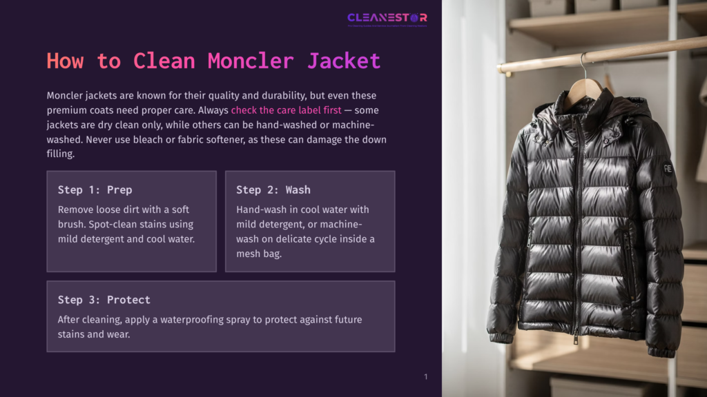Black Moncler Puffer Jacket Hanging On A Wooden Hanger In A Closet, With Cleaning Instructions Visible In The Background.