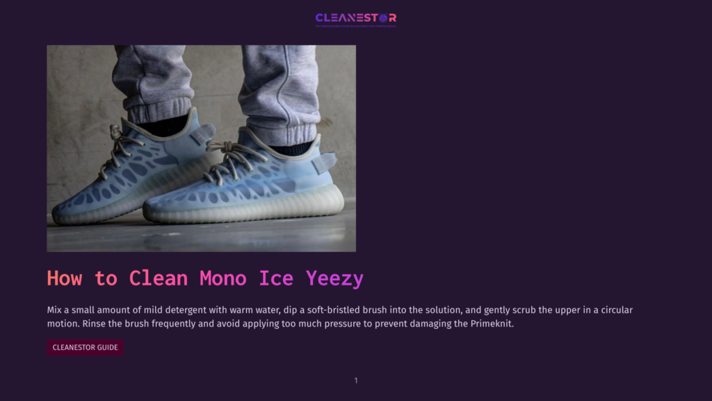 Close-Up Of Light Blue Adidas Yeezy Boost 350 V2 &Quot;Mono Ice&Quot; Sneakers On Feet, With Grey Sweatpants And A Textured Grey Floor. The Text &Quot;How To Clean Mono Ice Yeezy&Quot; Is Overlaid.