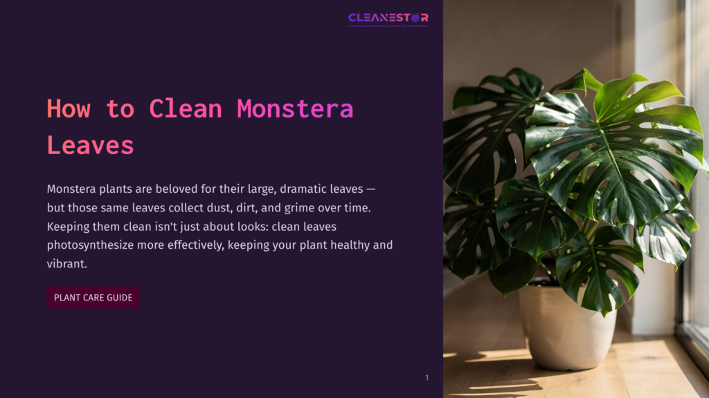 A Large, Healthy Monstera Plant With Glossy Green Leaves Sits In A White Pot Next To A Sunlit Window. Text On The Left Reads &Quot;How To Clean Monstera Leaves&Quot; And &Quot;Cleanestor&Quot;.