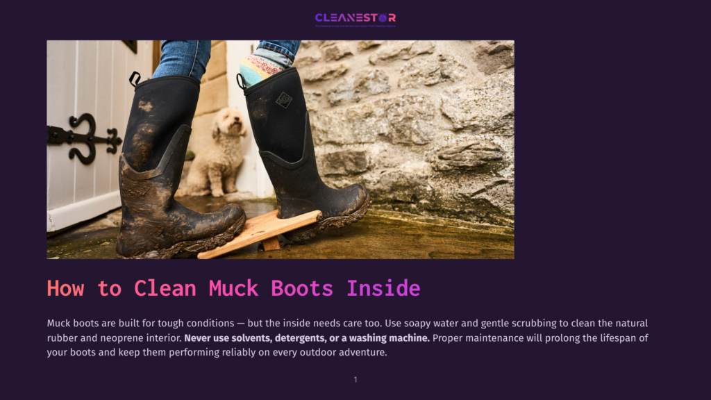 Close-Up View Of A Pair Of Muddy Rubber Muck Boots Standing On A Wooden Plank With A Small White Dog Sitting Behind. The Background Shows A Stone Wall.