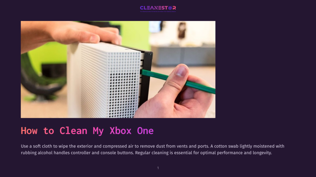 A Person'S Hands Use A Green Tool To Clean Dust From The Vents And Ports Of A White Xbox One Console.