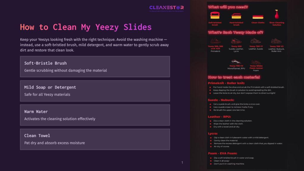 Infographic Showing How To Clean Yeezy Slides, Detailing Needed Supplies Like Soft-Bristle Brushes, Mild Soap, And Water, With Step-By-Step Instructions For Primeknit, Suede, Leather, And Eva Foam Materials.