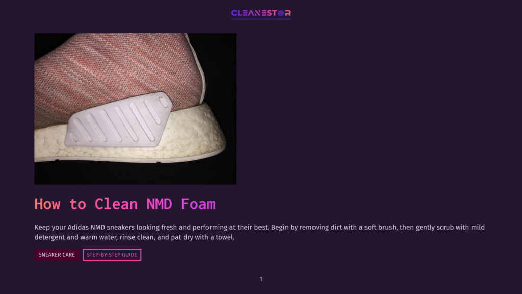 Close-Up Of An Adidas Nmd Sneaker'S Textured Pink Knit Upper And White Boost Sole, With &Quot;How To Clean Nmd Foam&Quot; Text Overlay.