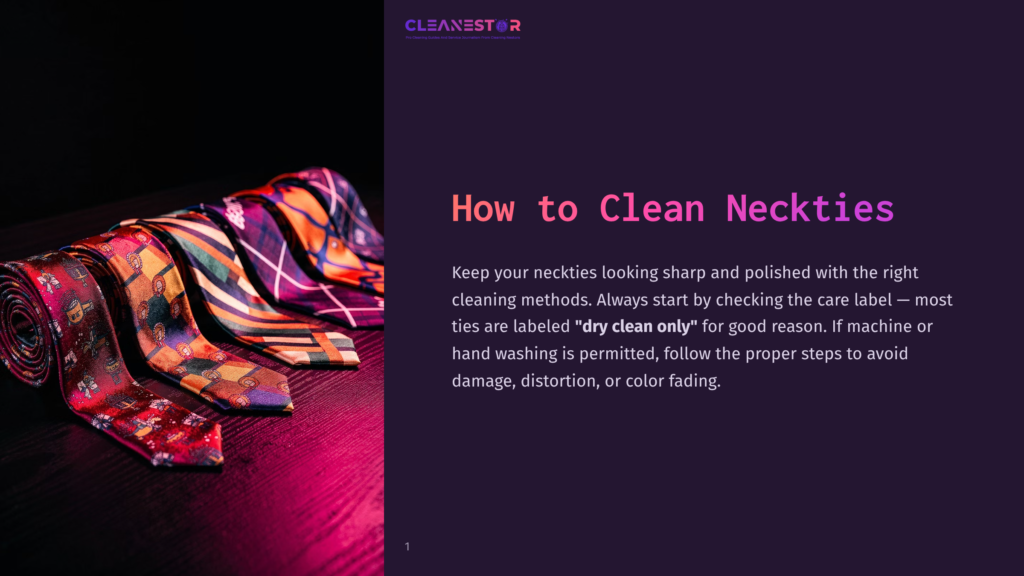 Close-Up Of Four Colorful, Patterned Silk Neckties Arranged Diagonally On A Dark Surface, Illuminated By Vibrant Pink And Purple Light. The Text &Quot;How To Clean Neckties&Quot; Is Visible.
