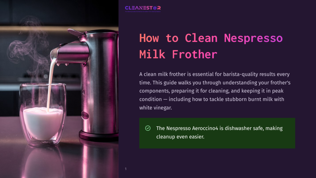 A Nespresso Aeroccino4 Milk Frother Is In Use, With Creamy Frothed Milk Pouring Into A Clear Glass Mug. Steam Rises Gently From The Mug And The Frother, Which Is Sleek And Silver. The Background Is Dark And Out Of Focus.