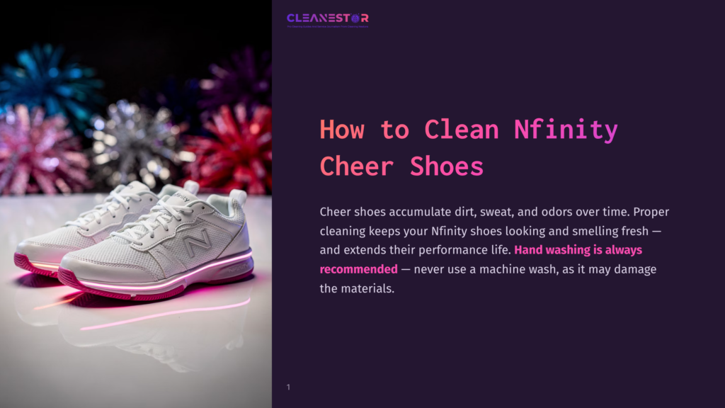 White Nfinity Cheer Shoes With Pink Accents Sit On A Reflective Surface, With Colorful Fireworks In The Background. Text Reads &Quot;How To Clean Nfinity Cheer Shoes&Quot;.