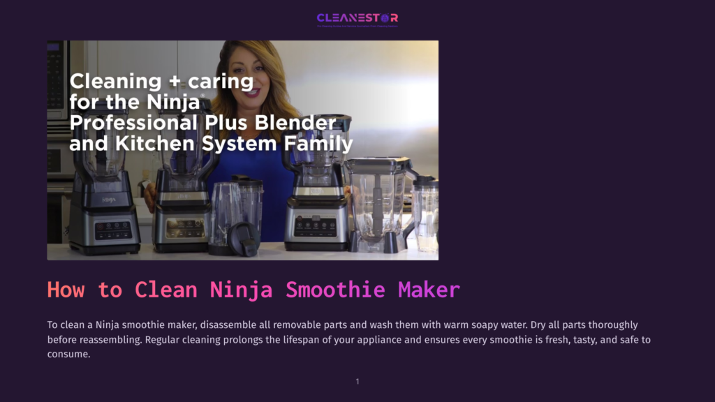 A Woman Smiles, Standing Behind A Lineup Of Ninja Blenders And Kitchen Systems, With &Quot;Cleanestor&Quot; Logo Visible. The Image Promotes Cleaning For Ninja Blenders And Kitchen Systems.