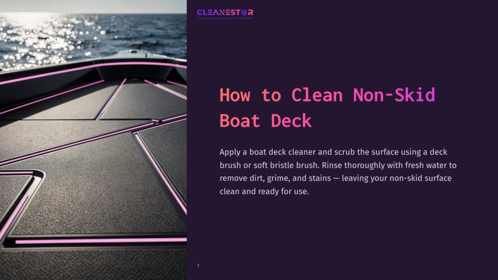 Close-Up Of A Sleek, Non-Skid Boat Deck With A Purple And Black Pattern, Set Against A Serene Ocean Backdrop, Demonstrating How To Clean It.