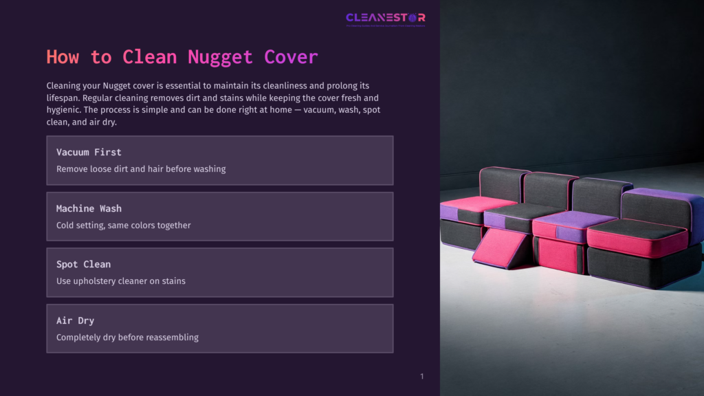 Cleanestor Nugget Cover Cleaning Instructions: Vacuum First, Machine Wash Cold, Spot Clean With Upholstery Cleaner, And Air Dry Completely Before Reassembling. The Image Shows Modern Modular Furniture In Pink And Purple.