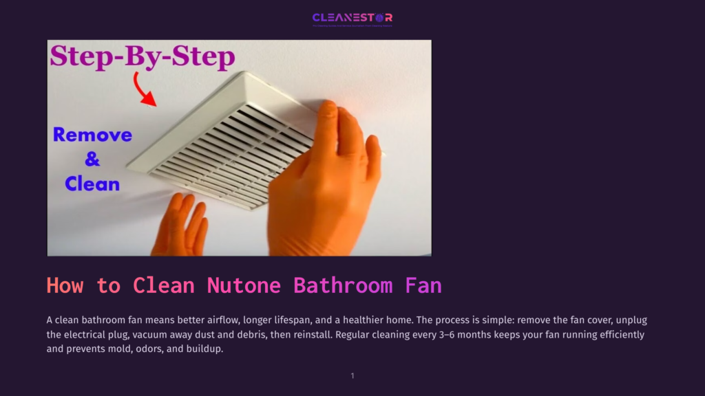 Hands In Orange Gloves Remove A White Bathroom Exhaust Fan Cover For Cleaning, With &Quot;Step-By-Step Remove &Amp; Clean&Quot; Text Overlay.