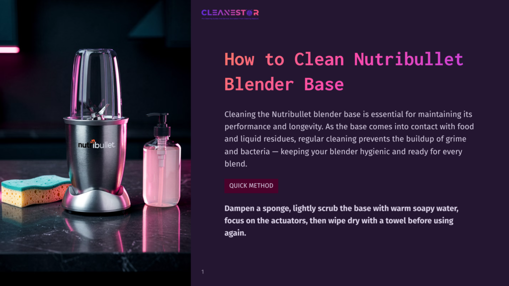 1 How To Clean Nutribullet Blender Base Nutribullet Blender Base, Soap Dispenser, And Sponge On A Dark Countertop, With Text &Quot;How To Clean Nutribullet Blender Base&Quot; And &Quot;Cleanestor&Quot; Logo.