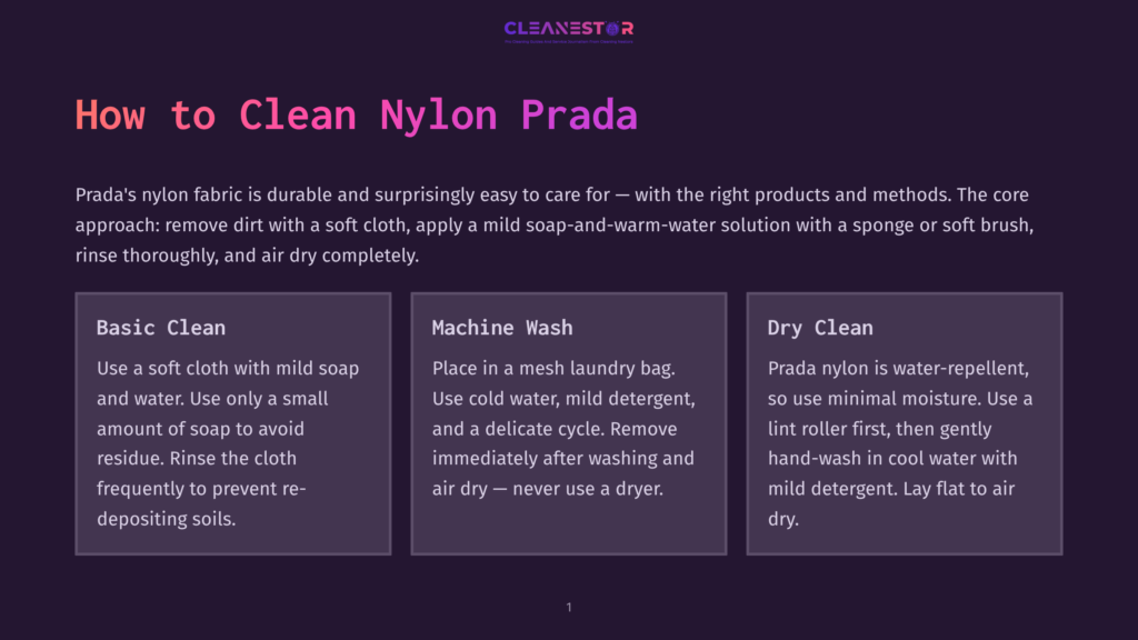 Title Slide For &Quot;How To Clean Nylon Prada&Quot; With A Dark Background, The Title In Large Pink And Purple Text, And Three Columns Detailing Basic Cleaning, Machine Washing, And Dry Cleaning Methods.