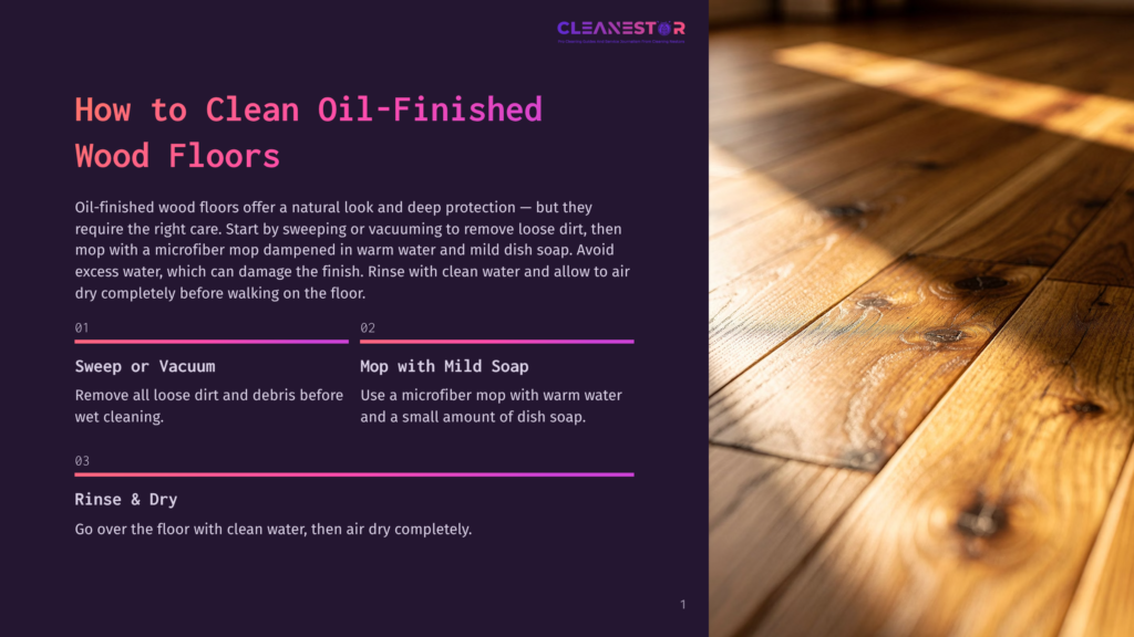 Sunlight Streams Across A Beautifully Clean, Oil-Finished Hardwood Floor, Highlighting Its Natural Grain And Warm Tones. The Text &Quot;Cleanestar&Quot; Is Visible At The Top.