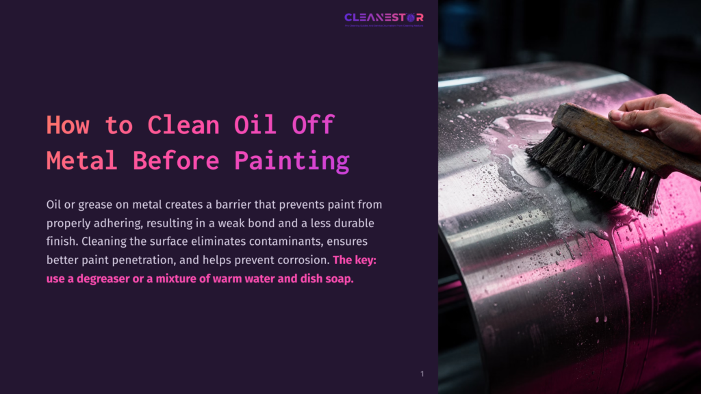 Close-Up Of A Hand Scrubbing A Wet, Metallic Surface With A Stiff-Bristled Brush, Water And Suds Cascading Down The Curved Metal. The Text &Quot;How To Clean Oil Off Metal Before Painting&Quot; Is Visible On The Left.