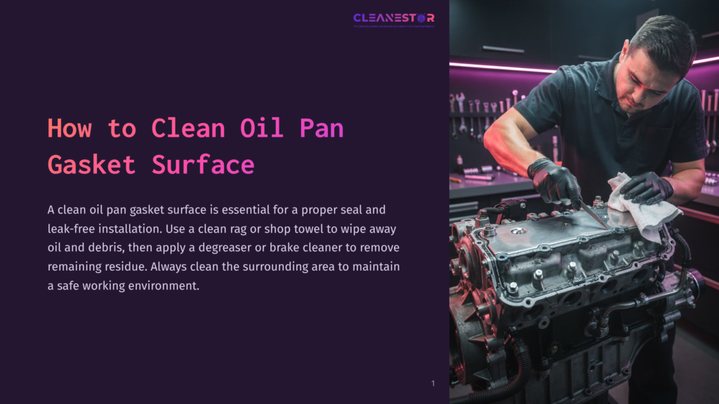 Mechanic Wearing Black Gloves Cleans An Engine Oil Pan Gasket Surface With A White Rag In A Brightly Lit Workshop, Tools In Background.
