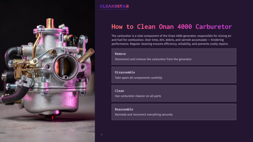 Close-Up Of A Clean Onan 4000 Generator Carburetor, Featuring Intricate Metal Parts And Hoses. Text Overlay Reads &Quot;Cleanestor&Quot; And &Quot;How To Clean Onan 4000 Carburetor.