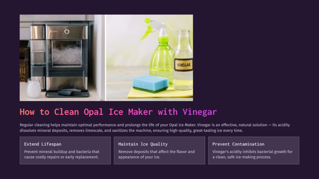 Two Images Side By Side. On The Left, A Modern Opal Ice Maker With A Bottle Of Water And Ice Cubes In Front. On The Right, A Bottle Of Vinegar, A Sponge, And Another Bottle With A Pump. The Background Is Plain, With A Focus On The Products.