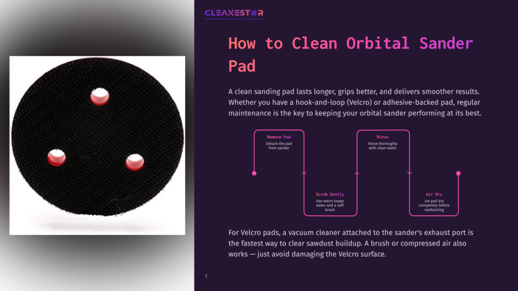 Close-Up Of A Black Circular Sanding Pad With Three Red Circular Holes For Dust Extraction, Used With Orbital Sanders.
