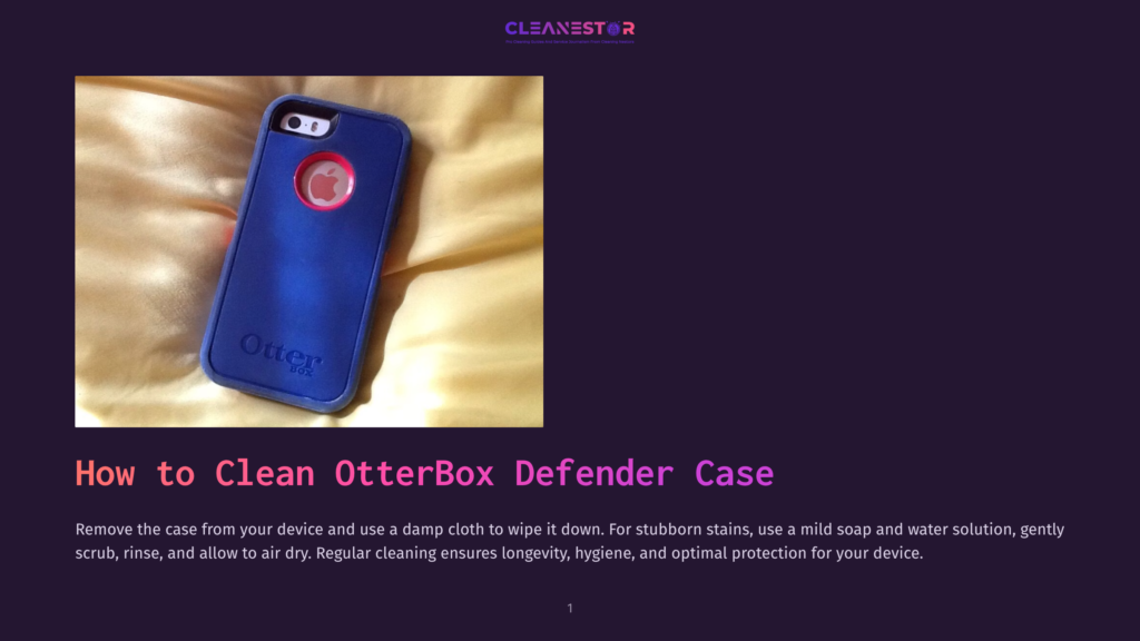 A Blue Otterbox Defender Case For An Iphone, With The Red Apple Logo Visible Through The Cutout, Rests On A Golden, Textured Surface. The Text &Quot;How To Clean Otterbox Defender Case&Quot; Is Overlaid On The Image.