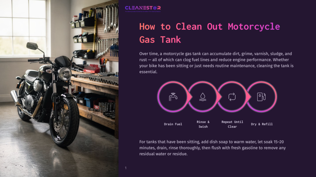 1 How To Clean Out Motorcycle Gas Tank A Black Motorcycle Is Parked In A Workshop With Tools And Equipment In The Background. The Image Has Text Overlay: &Quot;How To Clean Out Motorcycle Gas Tank&Quot;.