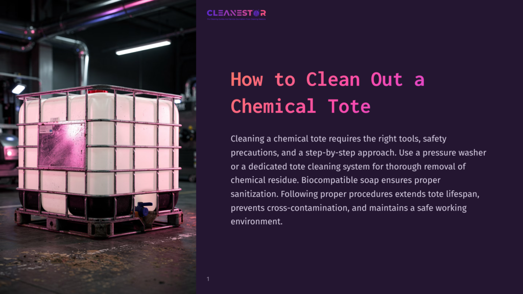 1 How To Clean Out A Chemical Tote Cleanestor Logo At The Top Of A Slide With The Title &Quot;How To Clean Out A Chemical Tote&Quot;. A Large White Chemical Tote Tank With A Metal Cage Is Shown On The Left.