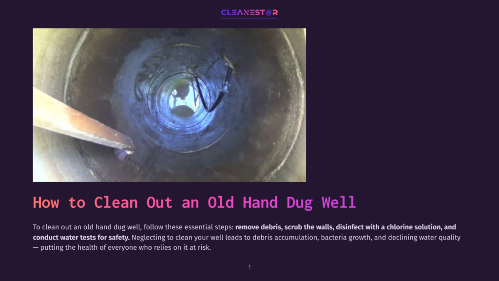 Inside A Circular, Dark, Hand-Dug Well With Visible Pipes And A Ladder, A Person Is Cleaning The Walls. The Cleanestor Logo Is At The Top.