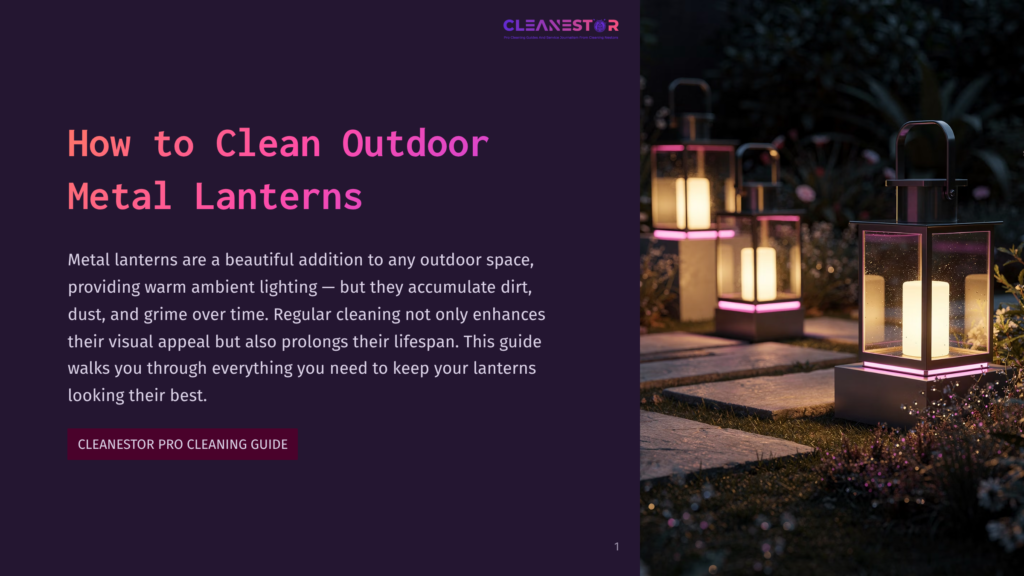 1 How To Clean Outdoor Metal Lanterns 1 Three Modern Outdoor Metal Lanterns With Glowing Pink And White Light On A Stone Pathway Surrounded By Dark Foliage At Dusk.