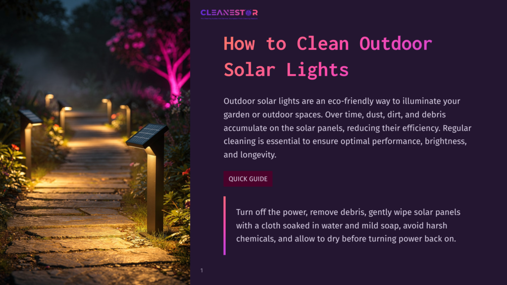 A Stone Pathway Winds Through A Garden At Dusk, Illuminated By Solar-Powered Garden Lights That Cast A Warm Glow. The Text &Quot;Cleanestor&Quot; And &Quot;How To Clean Outdoor Solar Lights&Quot; Is Visible.