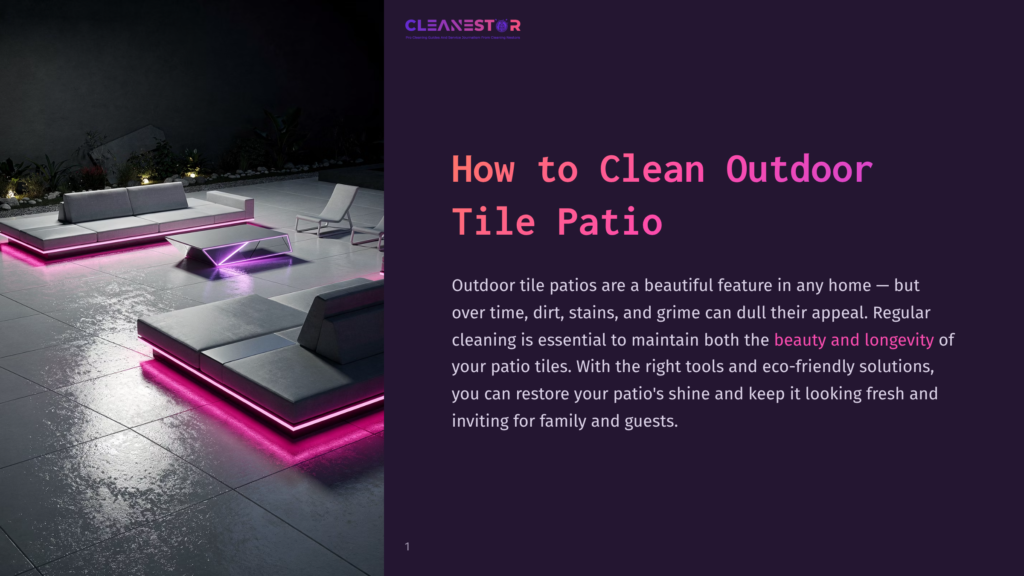 1 How To Clean Outdoor Tile Patio Modern Outdoor Tile Patio With Plush Sectional Sofas, Illuminated By Vibrant Pink Led Lighting At Night. The Text &Quot;How To Clean Outdoor Tile Patio&Quot; Is Visible.