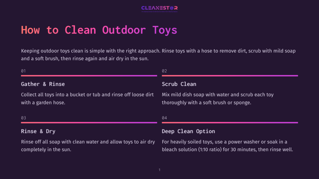 Illustration Detailing How To Clean Outdoor Toys. Steps Include Gathering Toys, Scrubbing With Soap And Water, Rinsing, And A Deep Cleaning Option With Bleach Solution.