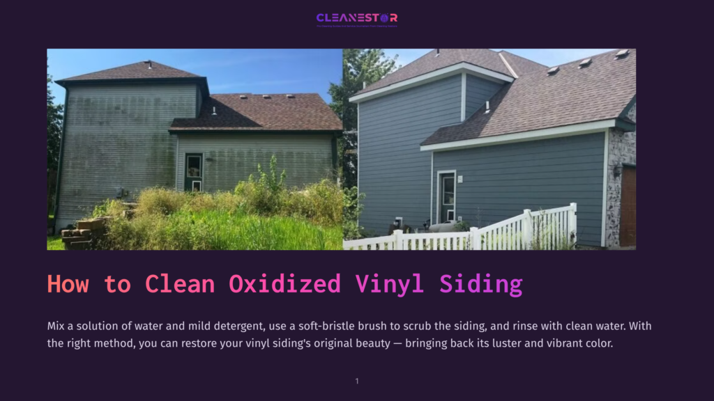 Before And After Comparison Of Oxidized Vinyl Siding Cleaning. The Left Side Shows Dirty, Faded Siding, While The Right Side Displays Clean, Vibrant, Restored Vinyl Siding.