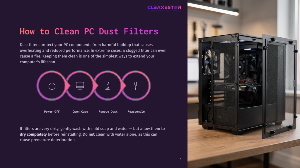 1 How To Clean Pc Dust Filters Infographic Titled &Quot;How To Clean Pc Dust Filters&Quot; Showing Four Icons: Power Off, Open Case, Remove Dust, And Reassemble, With A Large Computer Tower On The Right.