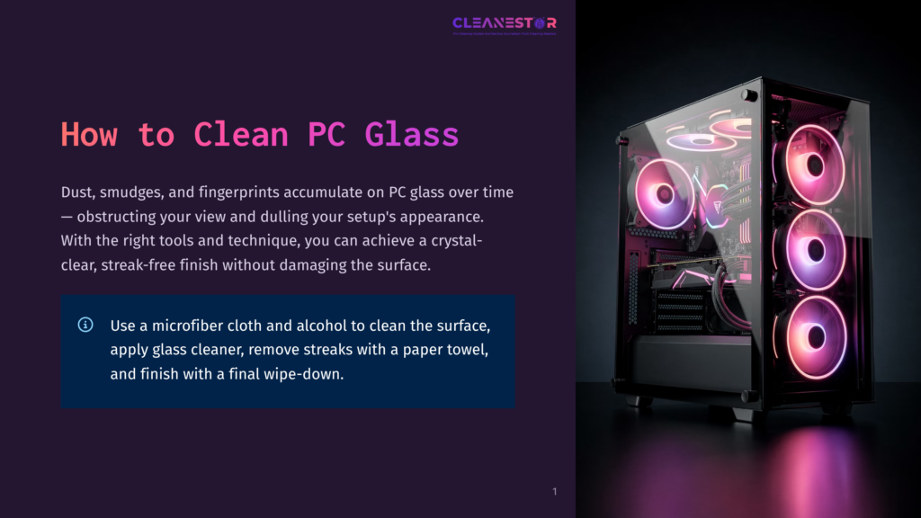 1 How To Clean Pc Glass A Modern Black Pc Tower With Glowing Pink Rgb Lights, Showcasing Its Clean Tempered Glass Side Panel. The Text &Quot;How To Clean Pc Glass&Quot; Is Prominently Displayed On The Left.