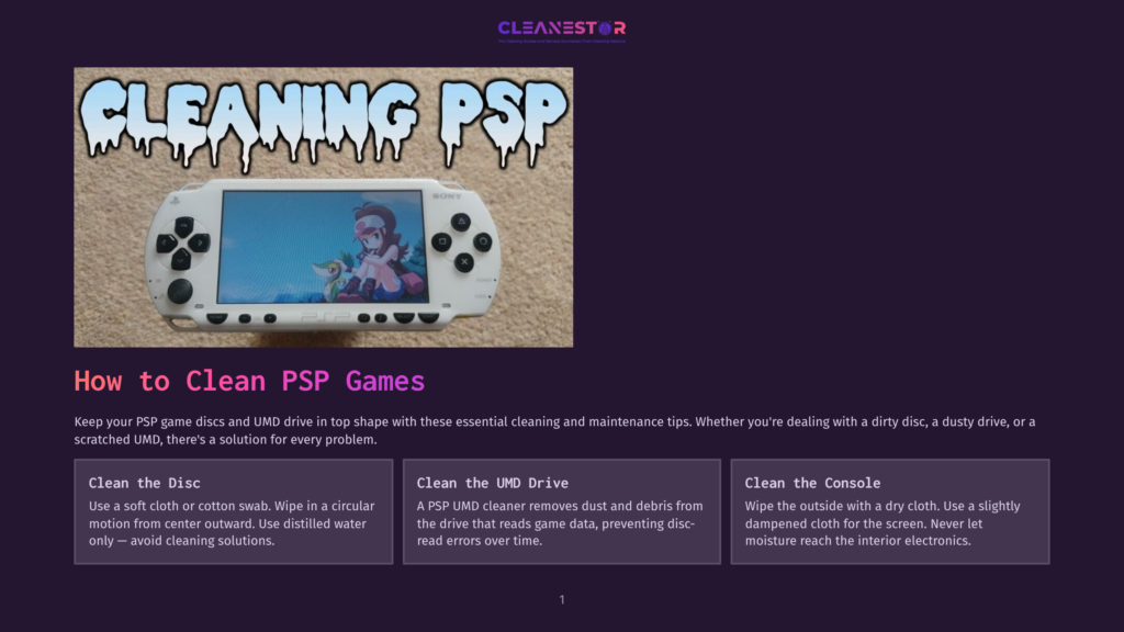 A White Sony Psp Gaming Console With A Colorful Game Screen Displayed, Shown Next To Text That Reads &Quot;How To Clean Psp Games&Quot; And Cleaning Tips.
